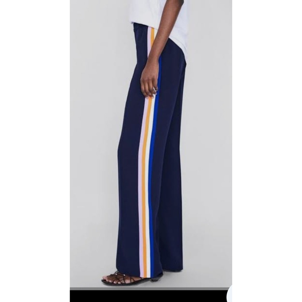 Zara Woman Navy Blue Wide Leg Trousers Multi Color Side Stripe Pants XS
